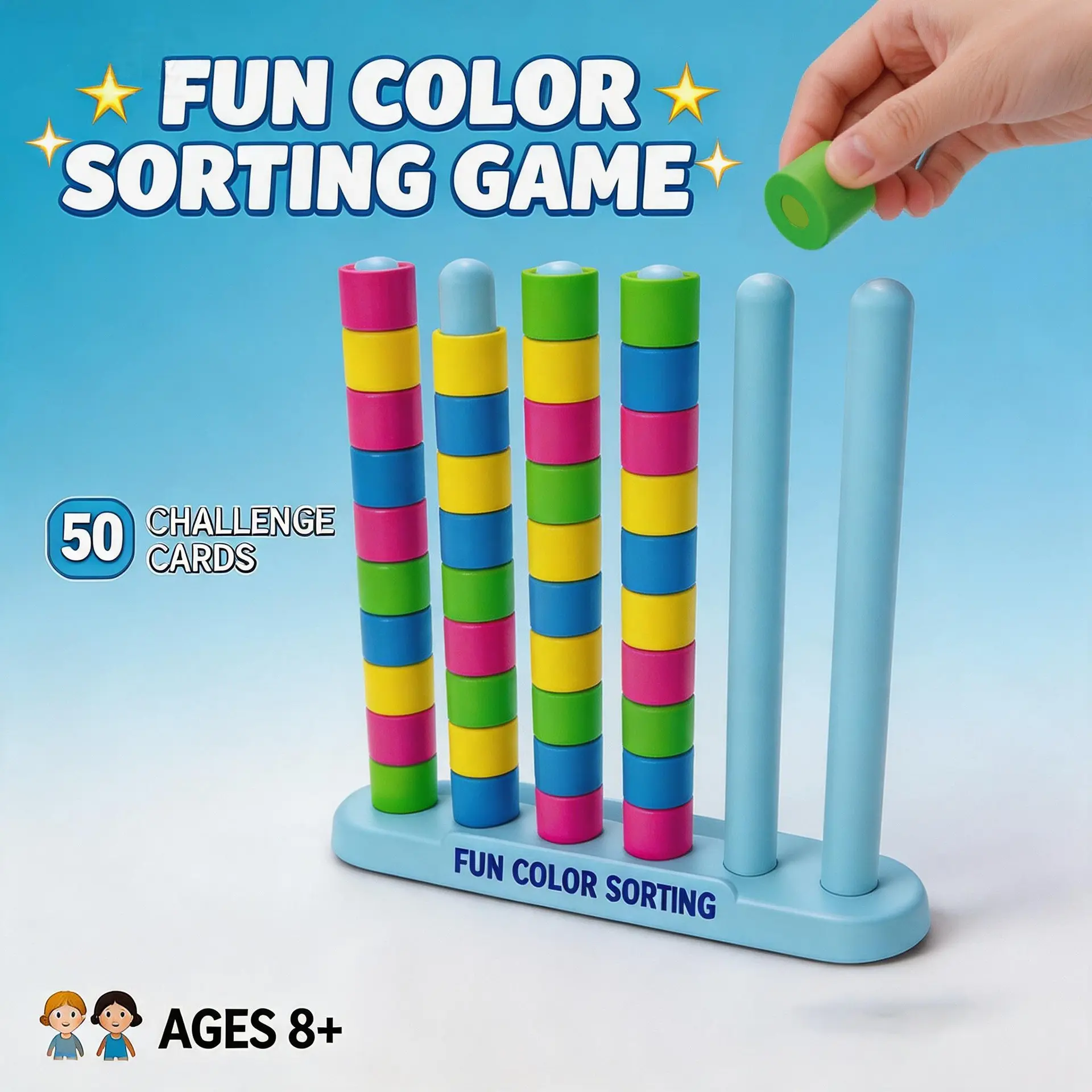 Color Sorting Game | Brain Training Puzzle Toy Set, Includes 50 Challenge Cards, Fun Stacking Game for Kids Aged 8+, Educational Gift