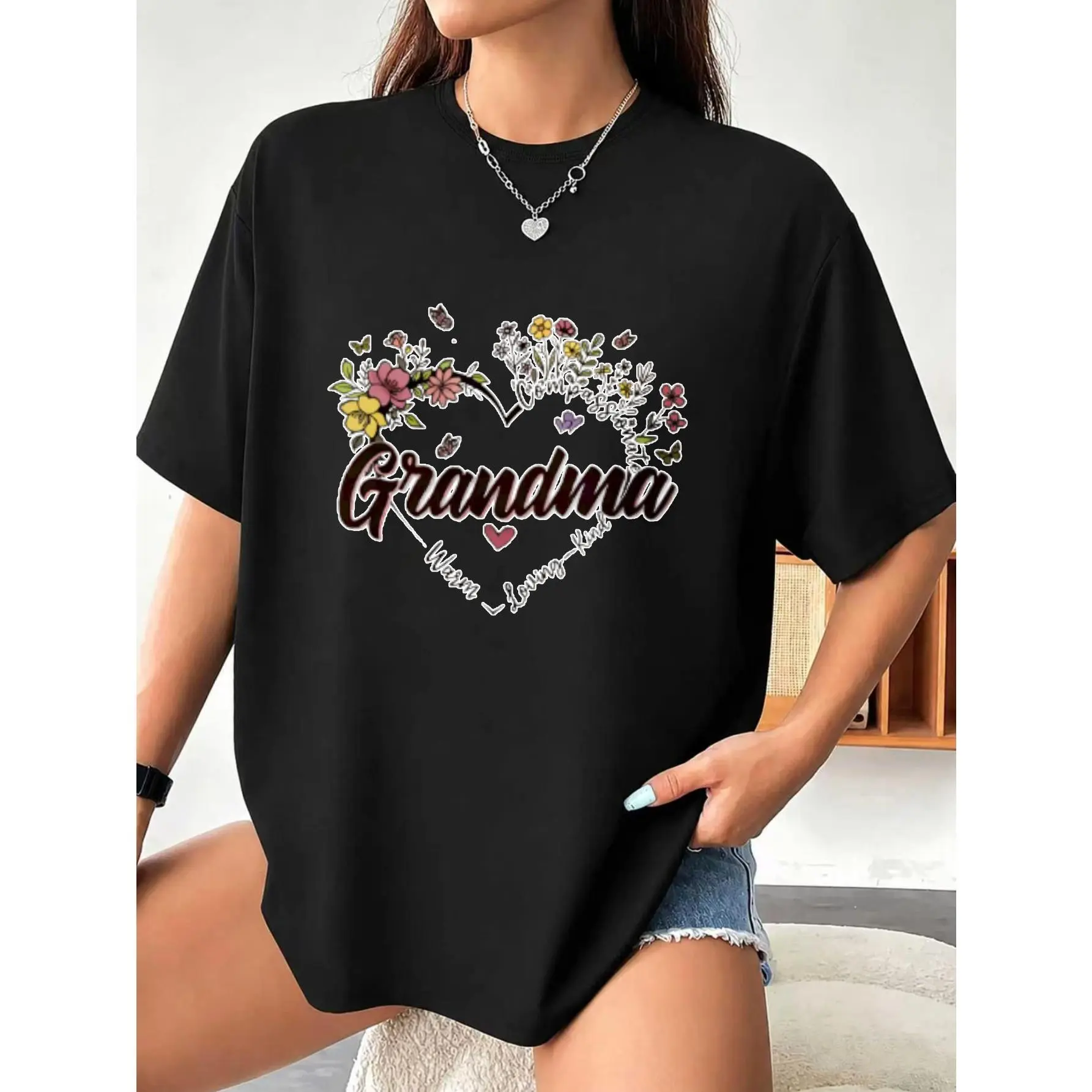 Plus Size, Casual, Women's Oversized 100% Crew Neck T-Shirt, Grandma with Loving Heart Floral Design, Spring And Summer Wear, Gift for Grandmother