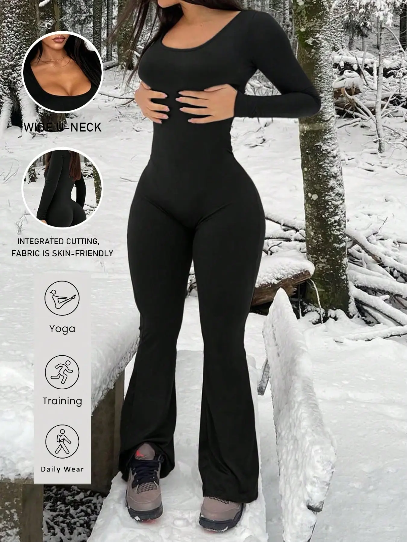 Fashion Solid Low U Neck Long Sleeve Jumpsuit, Elastic High Waist Flared Romper, Minimal Basic Design to Highlight Body Curve, Influencer Outfit, Versatile Hot Girl One Piece Jumpsuit Summer