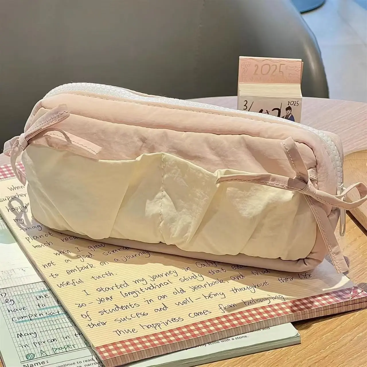 Pink bow pen case, simple rope-padded pencil case, student large-capacity stationery box, Korean-style simple pen case, Desk Supplies, Office Supplies