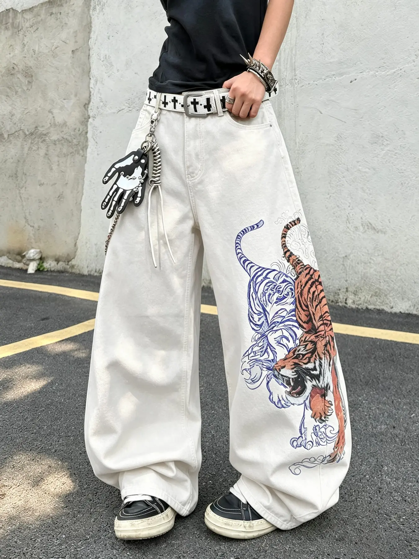 Men's Tiger Print Wide Leg Jeans, Y2K Streetwear Fashion, Loose Fit, All Seasons, Halloween Gift, No Belt Included