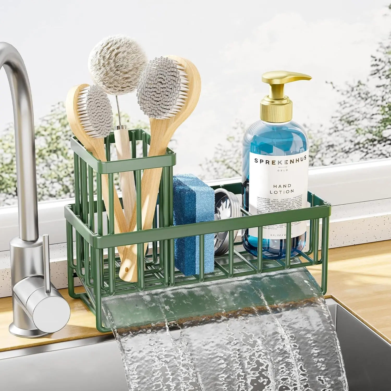 Sponge Holder for Kitchen Sink - Rustproof Stainless Steel Sink Caddy Organization and Storage Essentials with High Brush Holder, Home Decor Accessories, 7.9" x 3.7" x 6.2", Sage Green