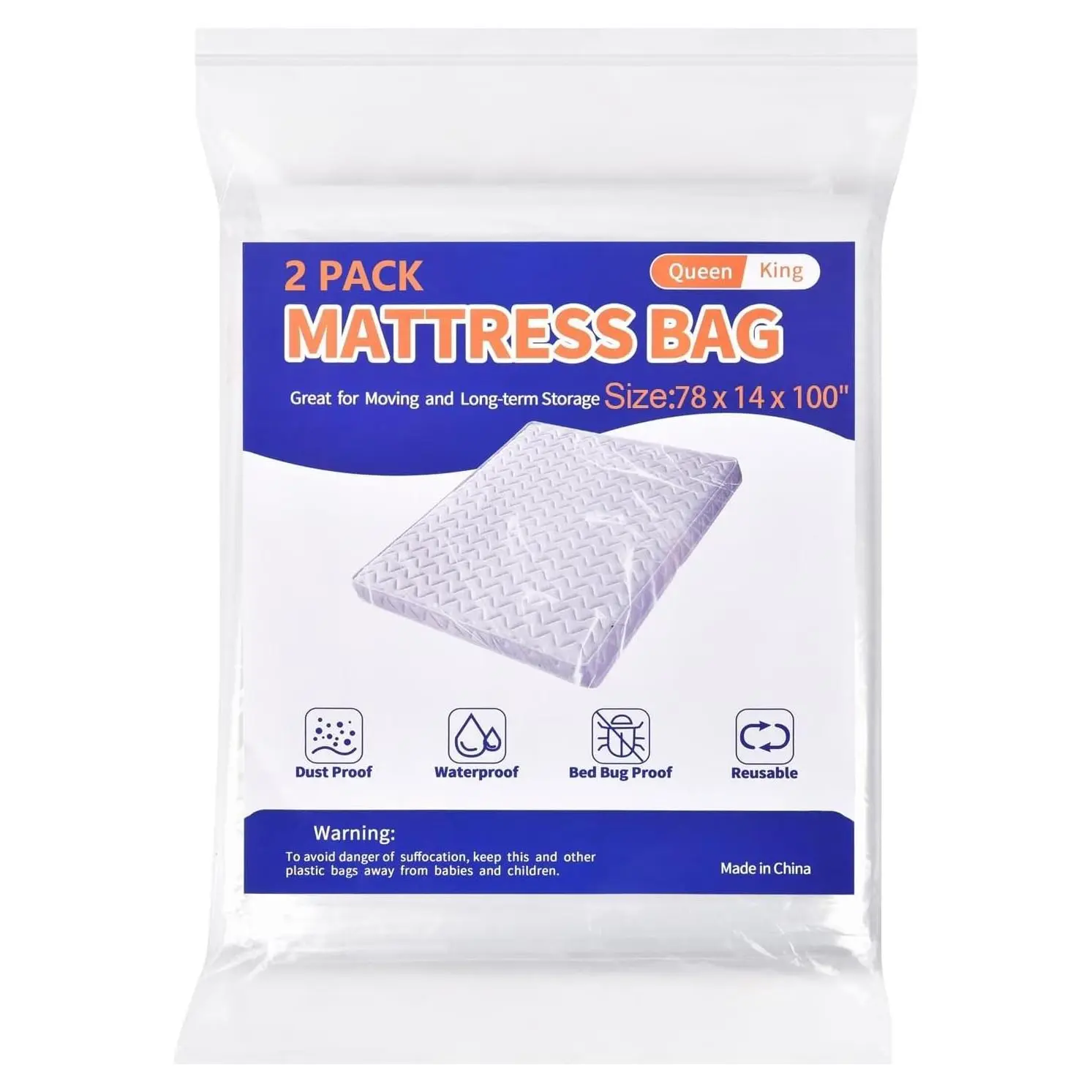 2 Pack Plastic Mattress Bags for Moving & Storage - Queen and King Size Mattress Protector CoversGift