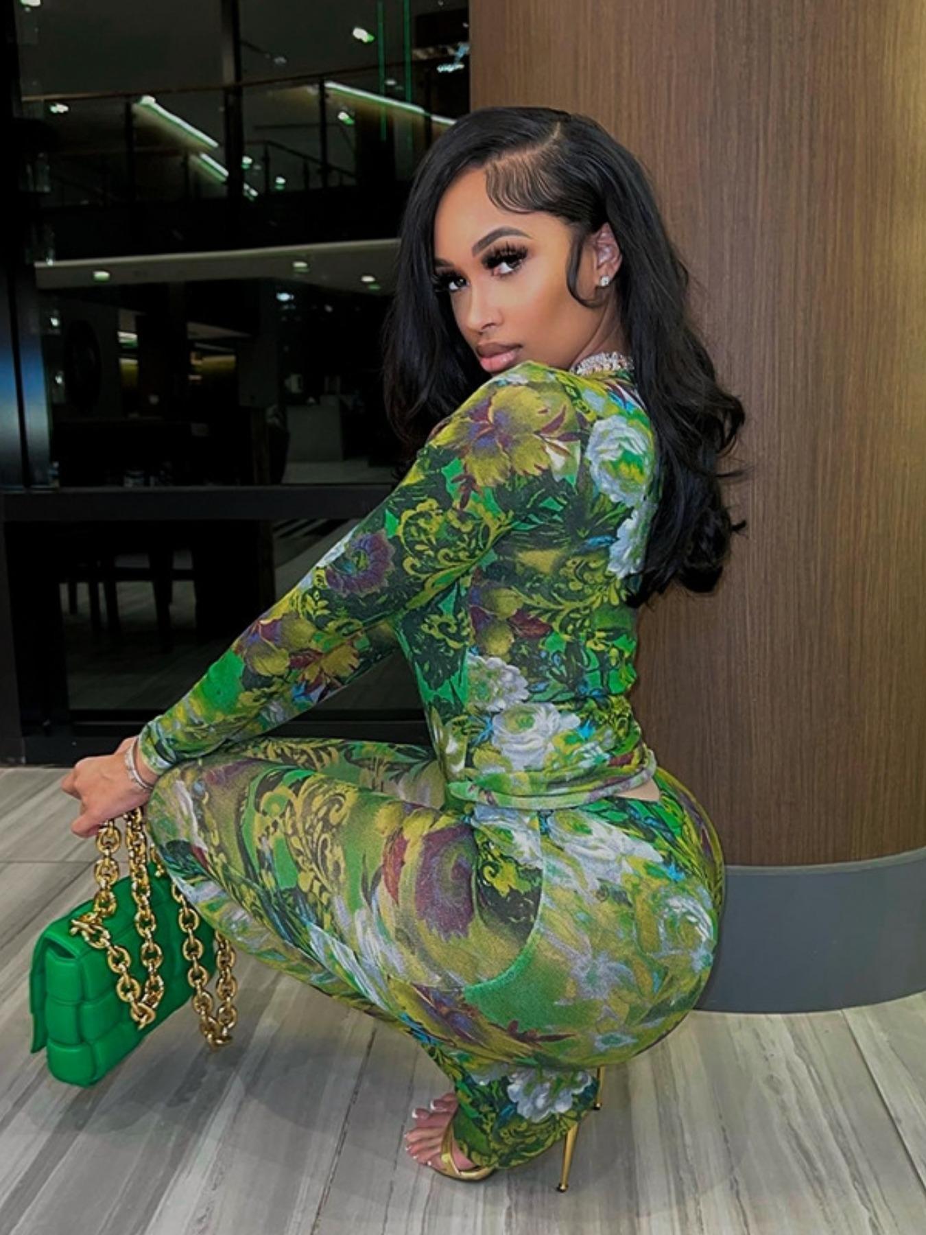 Women's Floral Print One-piece Overalls Skinny Jumpsuit, Casual Comfy Long Sleeve Bodysuit for Summer, Women's Clothes for Daily Wear