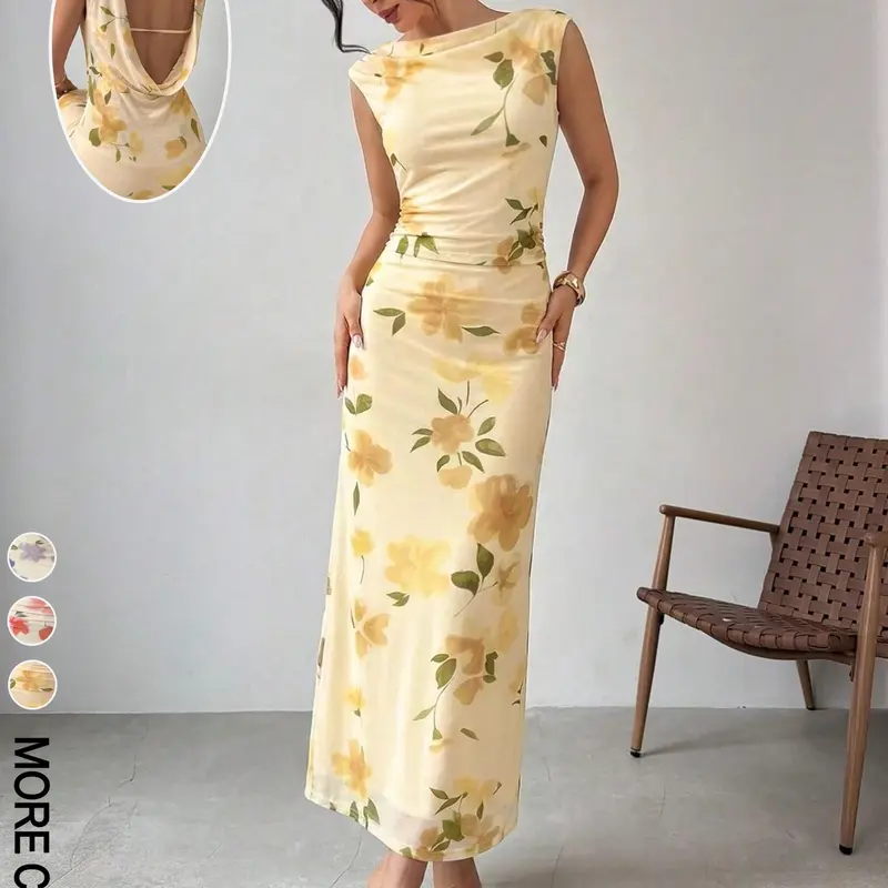 Women's Floral Backless Lightweight Elegant Long Dress, Sleeveless Slim Fit, Ideal for Cocktail Parties, Dates, Vacations and Casual Gatherings, Wedding Guest Dresses, Summer Wedding Dress