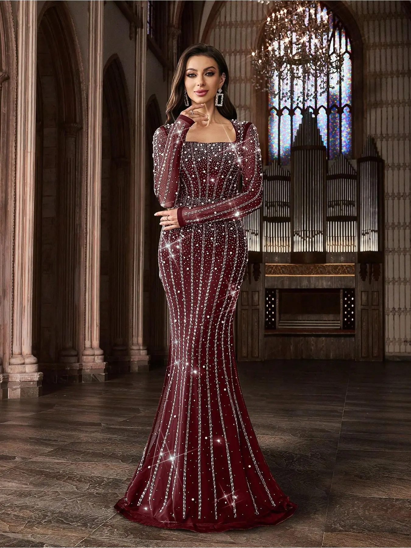 Noble Temperament Women Beaded Hot Drill Party Evening Gown Luxury Bling Rhinestone Formal Dress For Red Carpet, Galas, Dinner Party, Charity Prom, Concert, Cocktail Party Black Long Sleeve Square Neck Gowns
