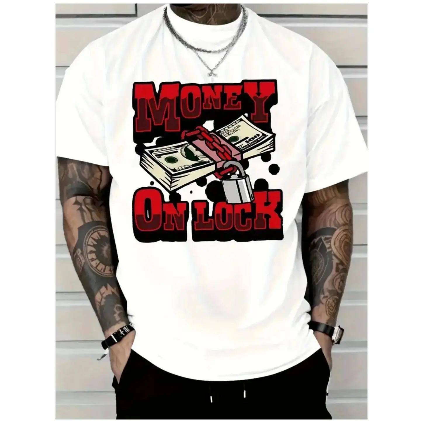Unisex MONEY ON LOCK Graphic Tee, 100% Cotton Soft Breathable Oversized Crew Neck Shirt, Bold Cash and Gold Chain Print, Hip Hop Streetwear Statement Gift. Fits All.