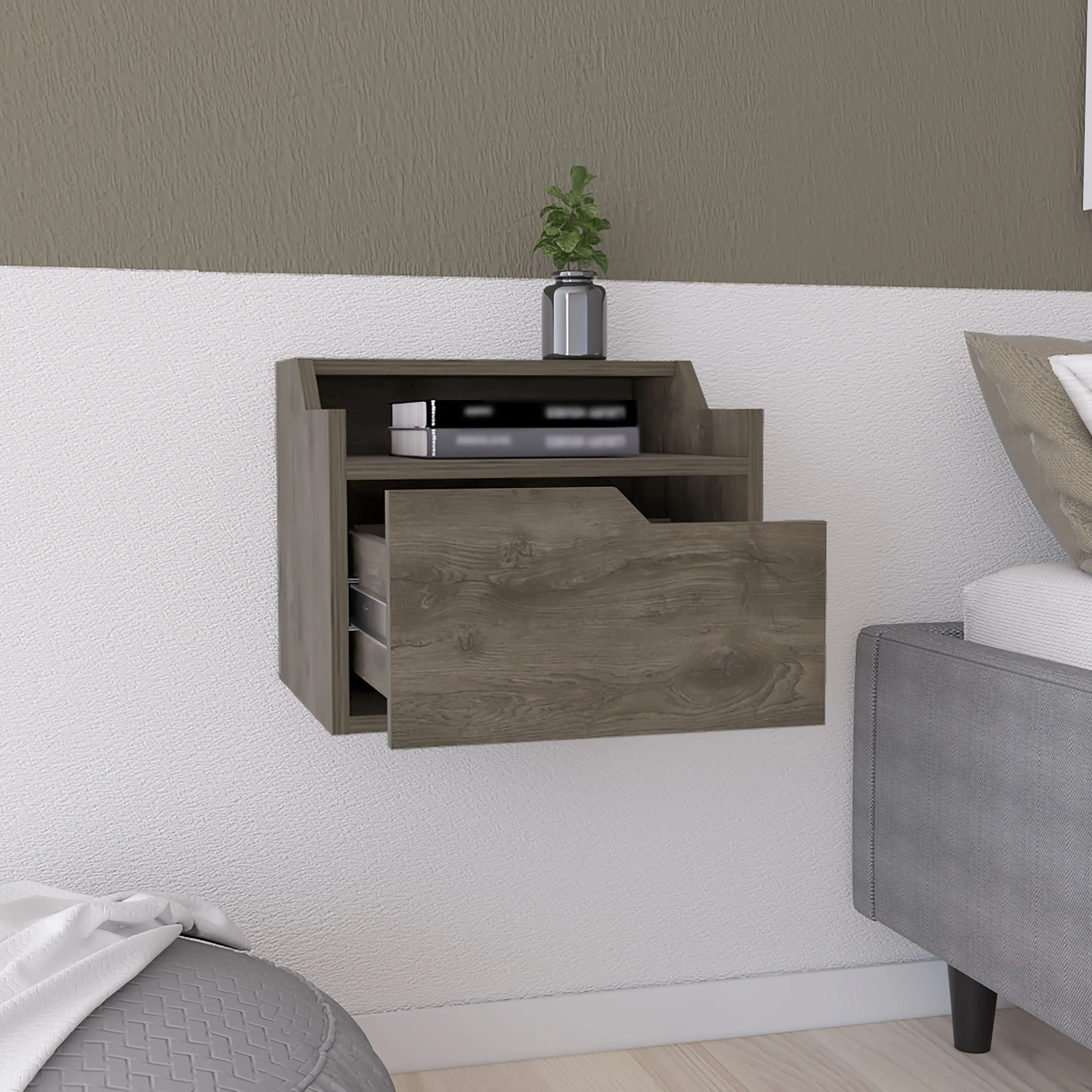 Nokaa Floating Nightstand Wall Mounted Bedside Table with Drawer, Modern Dual-Tier Design, Dark Brown Engineered Wood, Space Saving Storage for Bedroom, Living Room, Small Spaces, Easy Assembly, FSC Certified, 15.7x13.3x12.9 in