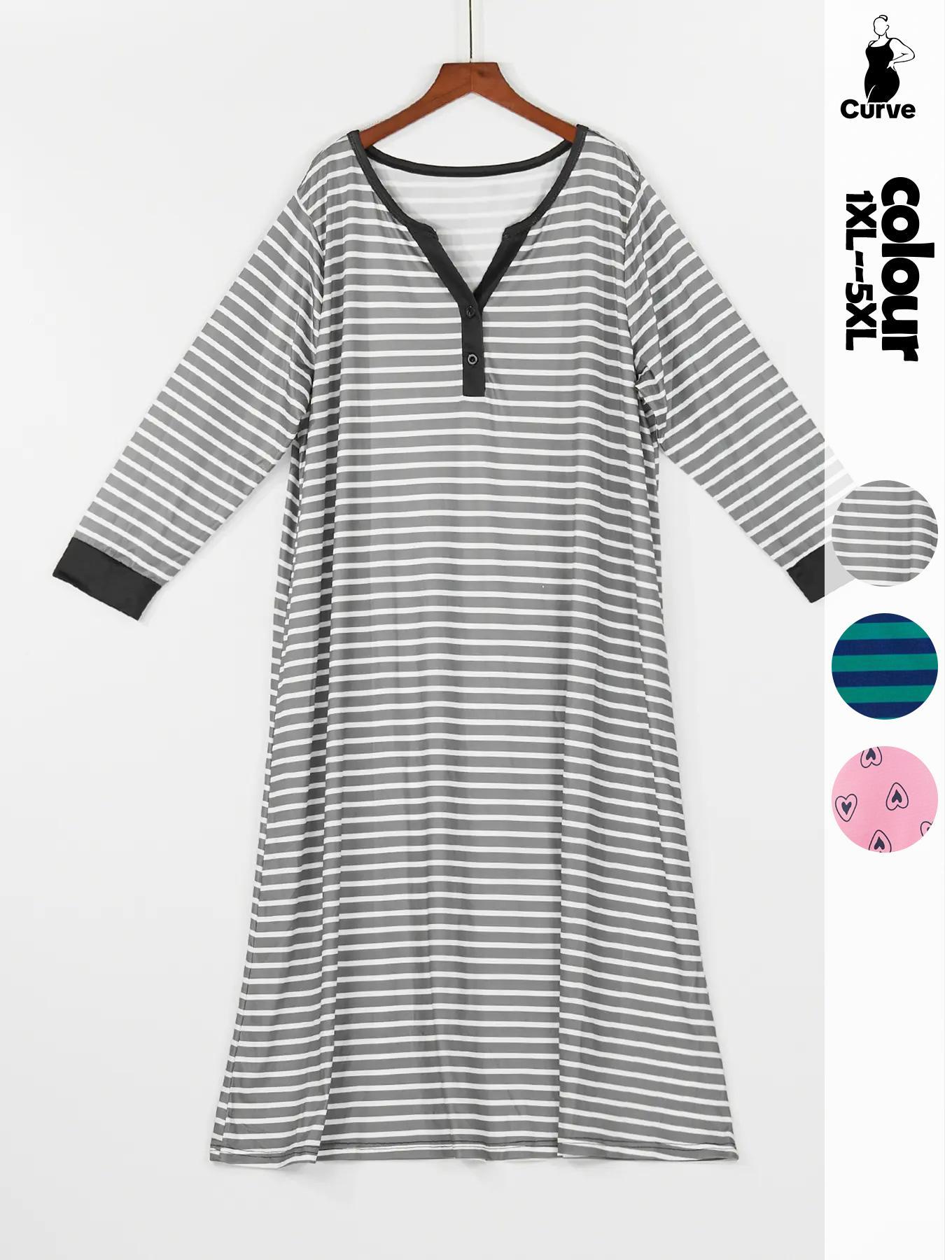 Plus Size Striped Print Contrast Binding Nightdress, Casual Button Front  Notched Neck Sleep Dress for Women, Women's Sleepwear for Spring & Fall