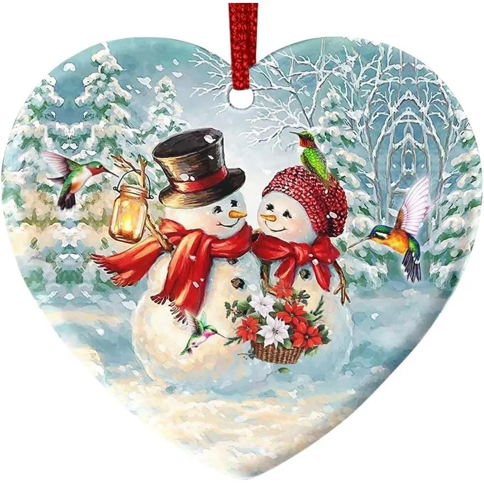 2026 Christmas Ornament - Snowman Couple & Hummingbird | Ceramic Ornament,    for Christmas Tree, For Snowman Lovers, Family,