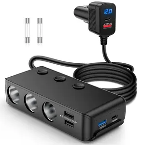 Nilight 9-in-1 Fire Resistant Cigarette Lighter Adapter Splitter, 3 Sockets, 65W PD & 18W QC3.0 Ports, Independent On/Off Switches, LED Display, 163W Total Output for 12V-24V Cars SUV Van Truck