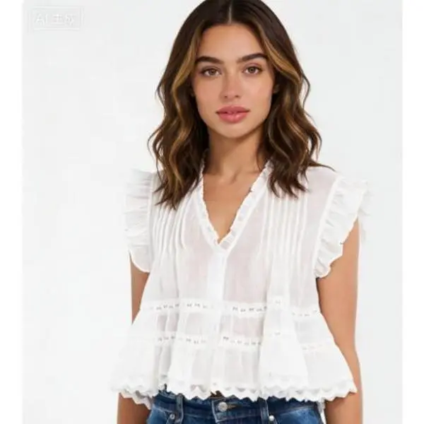 Women's Plain Spandex Blend Ruffled V-Neck Blouse - Casual Sleeveless Eyelet Lace Vertical Pleats Summer Top for 165/88b (Women's Tops and Blouses)