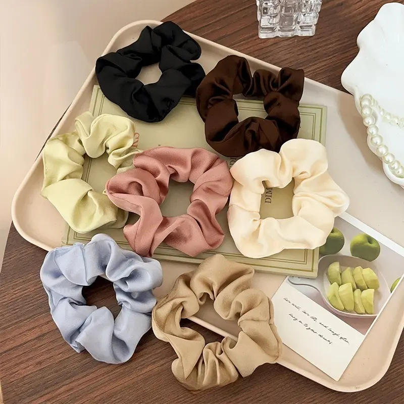 5PCS Glossy Satin Scrunchies for Women, Classic Solid Color High Elastic Hair Ties for Daily Use Ponytails and Buns, Soft Gloss Finish