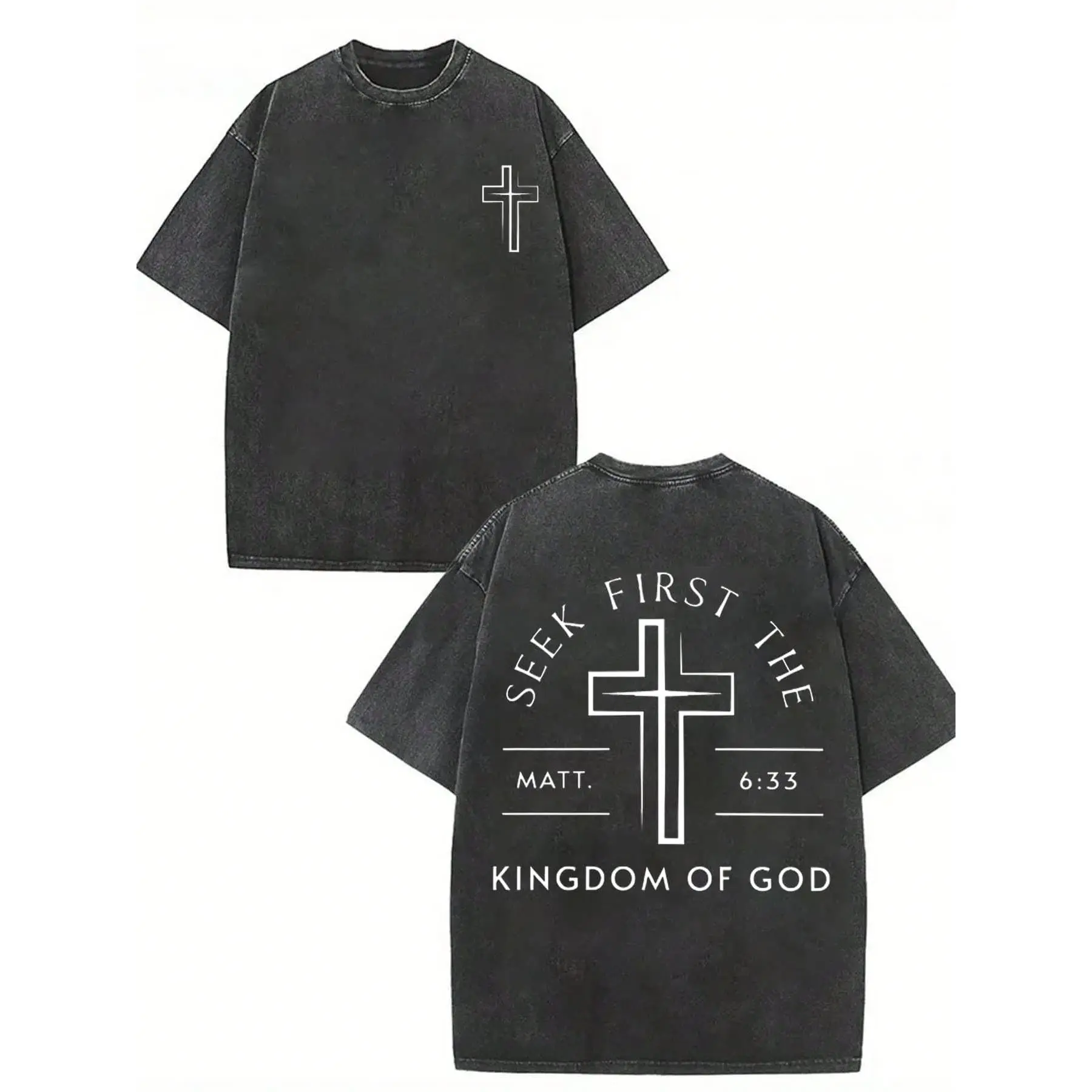 GLEC Seek First The Kingdom Of God, For God Is Worthy Of Your Faith. Believe In Christianity. Classic Retro Fashion High Street Cross And Letter Print Premium 230g Washed Cotton T-Shirt