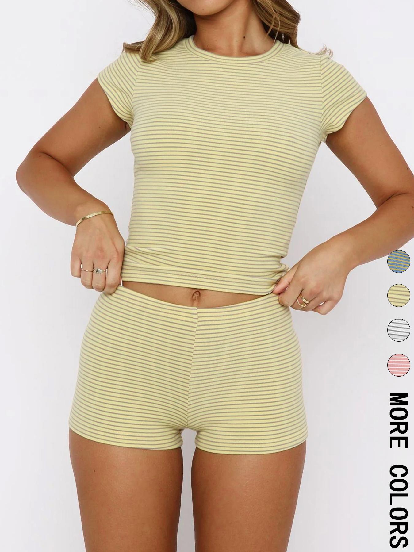 Women's Casual Striped Top & Shorts Set, Slim-Fitting Crop/t-Shirt Combo, All-Season Plain Style, Perfect for Daily Wear