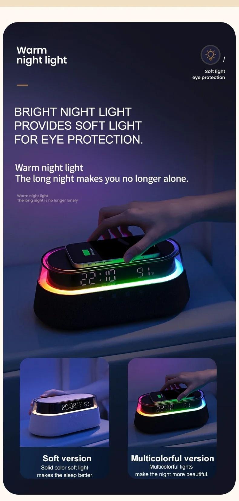 6-in-1 Smart Speaker Alarm Clock 15W Wireless Charger Bluetooth Music Player with Snooze Function