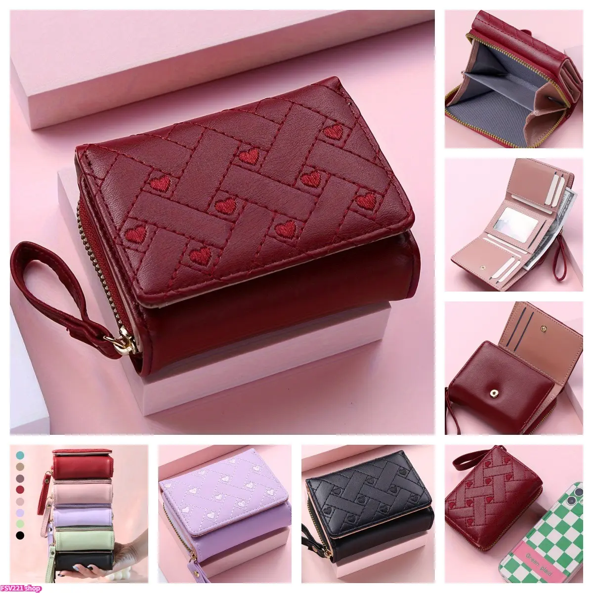Women's Foldable Minimalist Trifold Short Wallet - Wallets for Women, Cute Heart Embroidery, Grid Stitch PU Leather, Wrist Strap, Multi-Compartment All Over Print, Anti-Theft Card Handling, Daily Gift for Girls, Card Handling Women's Wallets, Long Wallet