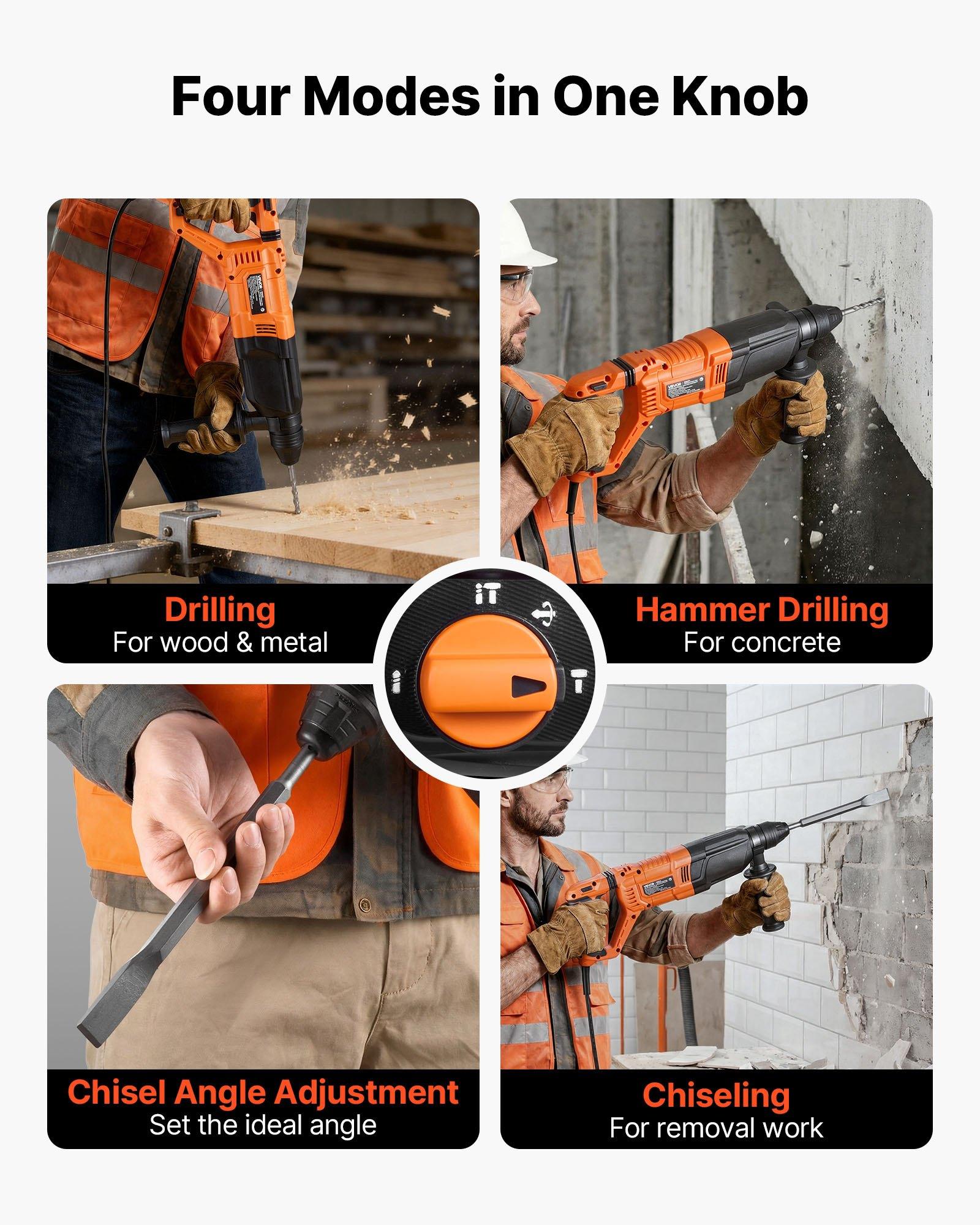 VEVOR Rotary Hammer Drill, 1-1/8 in SDS-Plus Electric Corded Heavy Duty Rotary Hammer, 4 Functions, Including 3 Drill Bits, Flat Chisel, Pointed Chisel, and Carrying Case, for Concrete and Masonry