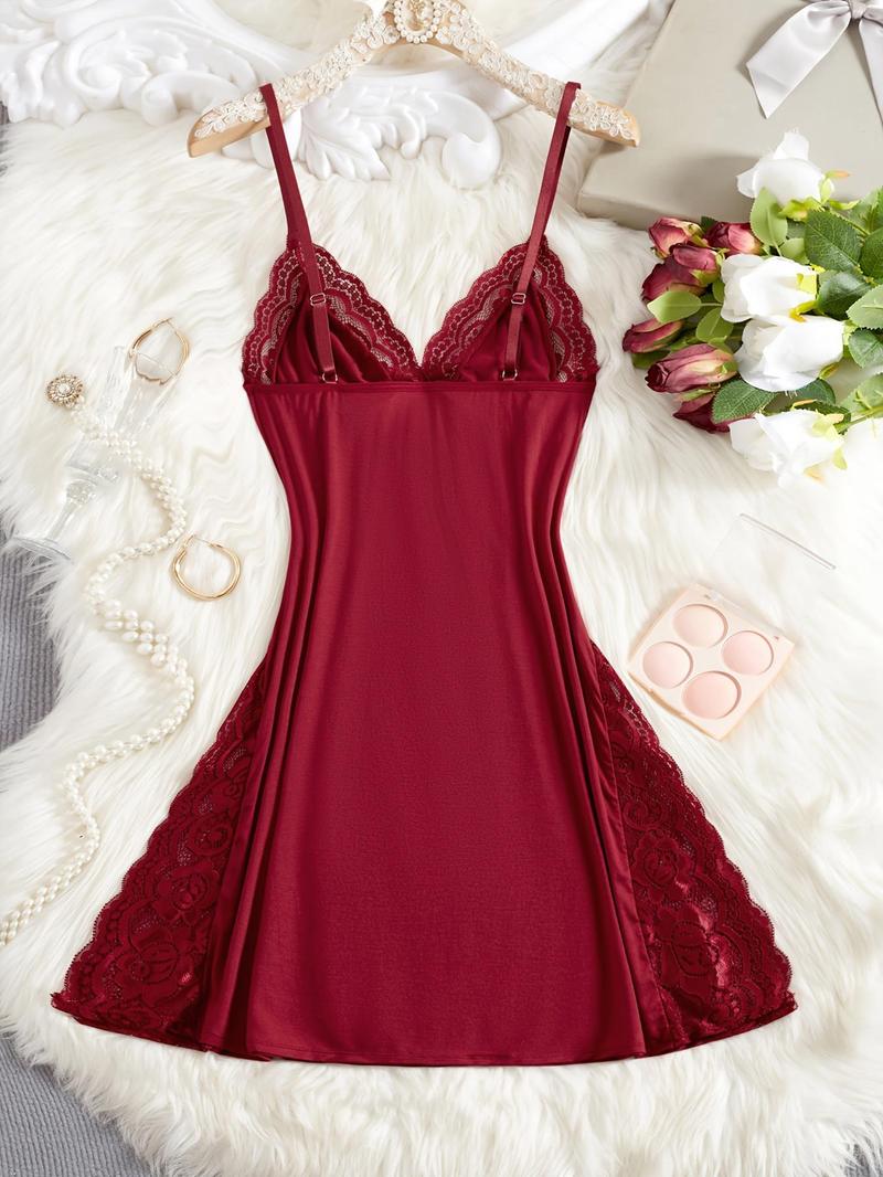 Women's Solid Color Lace Trim Nightdress, Elegant Comfy Soft Sleepwear Loungewear Cami Nightgown for All Seasons, Fashion Ladies' Sleepwear for Daily Wear, Womenswear