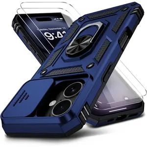 for iPhone 16 Case with 2X HD Screen Protector & Slide Camera Cover & Rotated Ring Kickstand, [Military-Grade] Rugged Heavy Duty Protective Phone Case for iPhone 16 6.1 inch, Blue