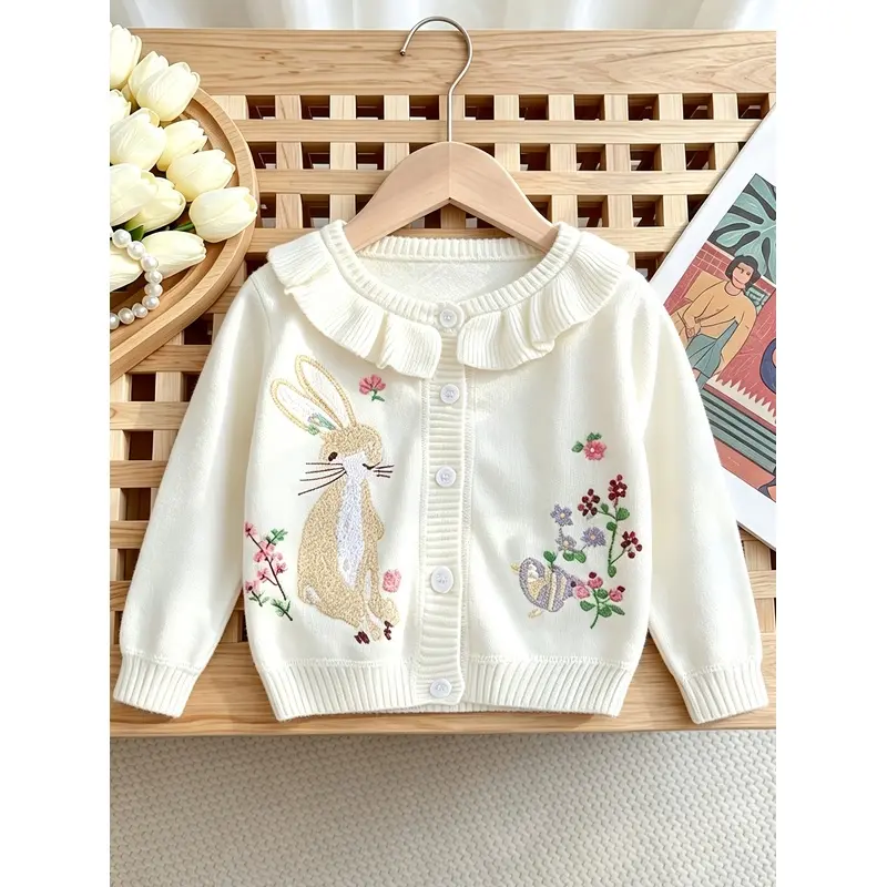 Girls Knit Cardigan for Fall & Winter, Cute Cartoon Rabbit Embroidery Button Sweater, Lined Thick Warm Soft Knitted Top for Little Girls