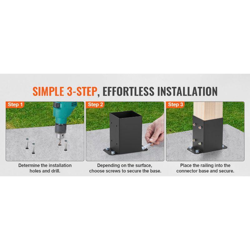 VEVOR 4x4 Post Base 4 Pcs, Inner Size 3.6x3.6 Post Base Brackets, Heavy Duty Powder-Coated Post Anchor Matte Black Wood Post Brackets for Pavilion Deck Railing Support Deck Base Plate
