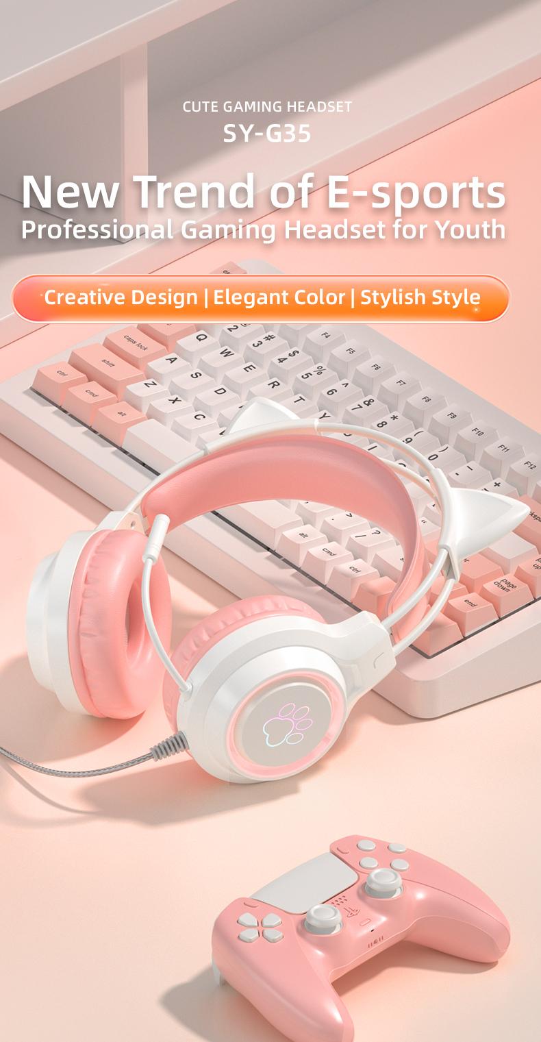 G35 High-Value RGB Gaming Headset with Cute Cat Ear Design, Wired Over-Ear Headphones for PC & Console Games, Multi-Scene Use, PC Gaming Accessories