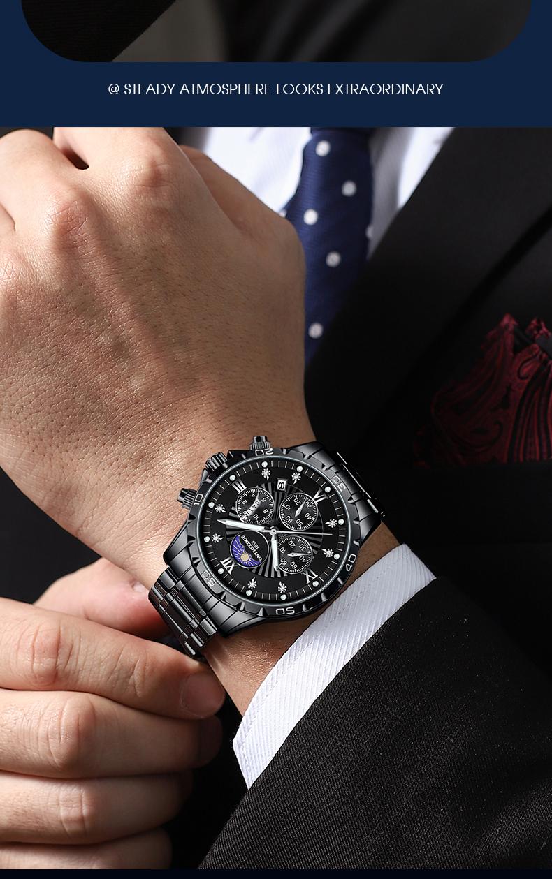 Men's Luxury Moon Phase Quartz Watch - Stainless Steel Wristwatch with Date, Chronograph Subdials, Diamond Markers, Luminous Hands, Classic Business Dress Watch for Men, Perfect Gift for Husband Dad