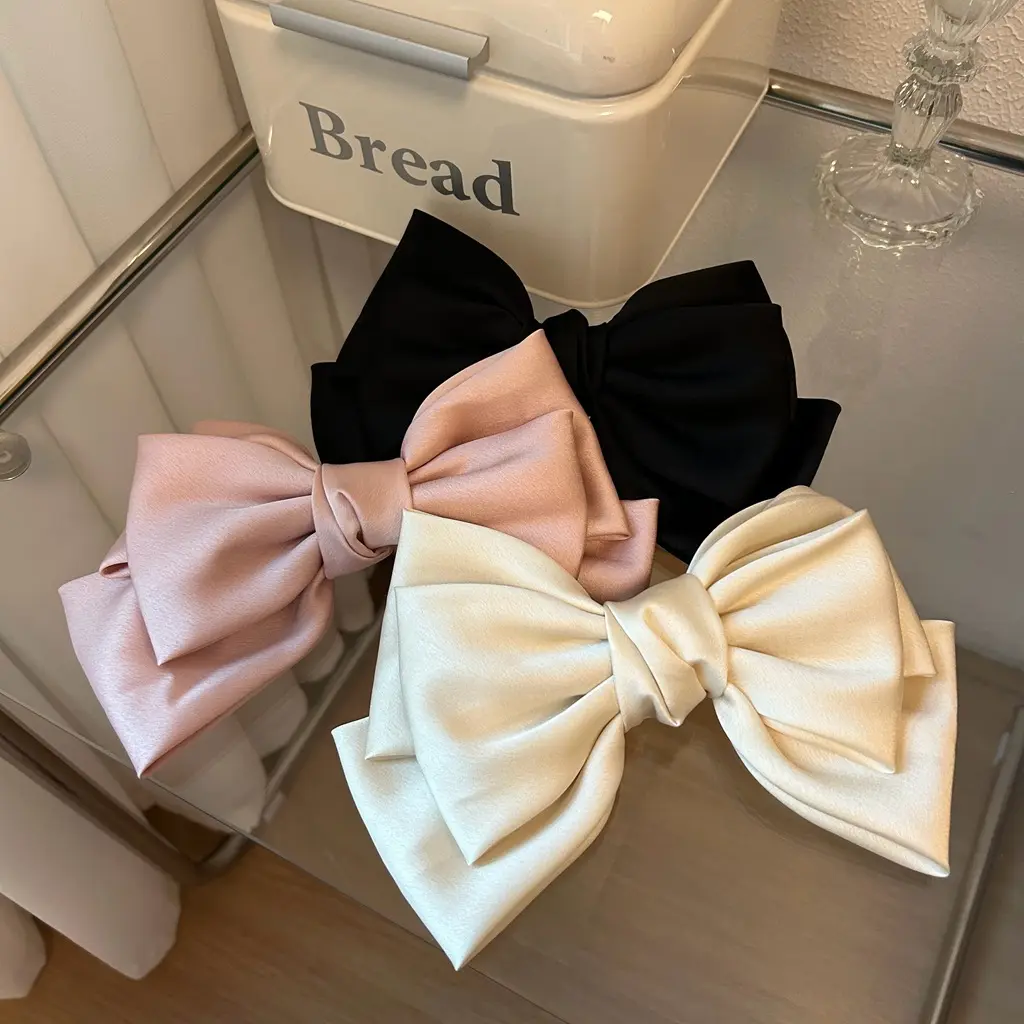 Women's 3pcs Premium Smooth Satin Fabric Triple-Layer Big Bow Hair Barrettes - Classic Clips & Hair Pins with Dramatic Black Bow Accent for Vintage Spring Updo Hairstyles, Daily Dress Matching