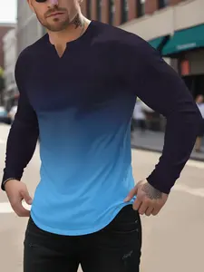 Men's Gradient Slim Fit Henley Shirt, Polyester V-Neck Long Sleeve T-Shirt, Ideal for Gym, Sports, Casual Wear, Outdoor Activities, Street Fashion