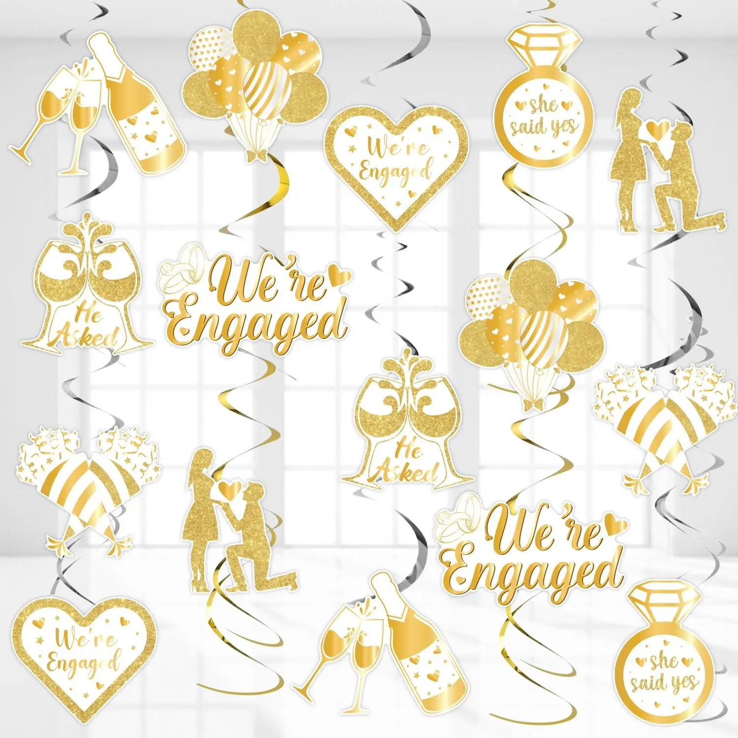 24 Sets Engagement Party Hanging Swirls  Gold and White Were Engaged Streamers Foil Swirls Ceiling Wall Decor He Asked She Said Yes Wedding Bridal Shower Party Decorations Supplies