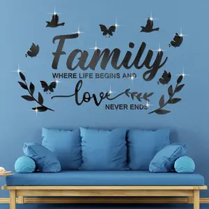 Mirror Family Wall Letter Quotes Decor 3D Acrylic Wall Decal Stickers DIY Removable Art Decals Motivational Butterfly Mural Stickers  Home Decor(Black)