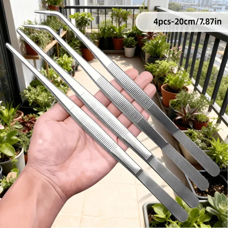 7.87 Inch Stainless Steel Long Tweezers Set, 4 Pieces, Straight & Bent Tips, Multi-Functional Plant Cleaning Tools, Heavy Duty, Durable, Ideal for Bonsai, Aquarium, Home, Office