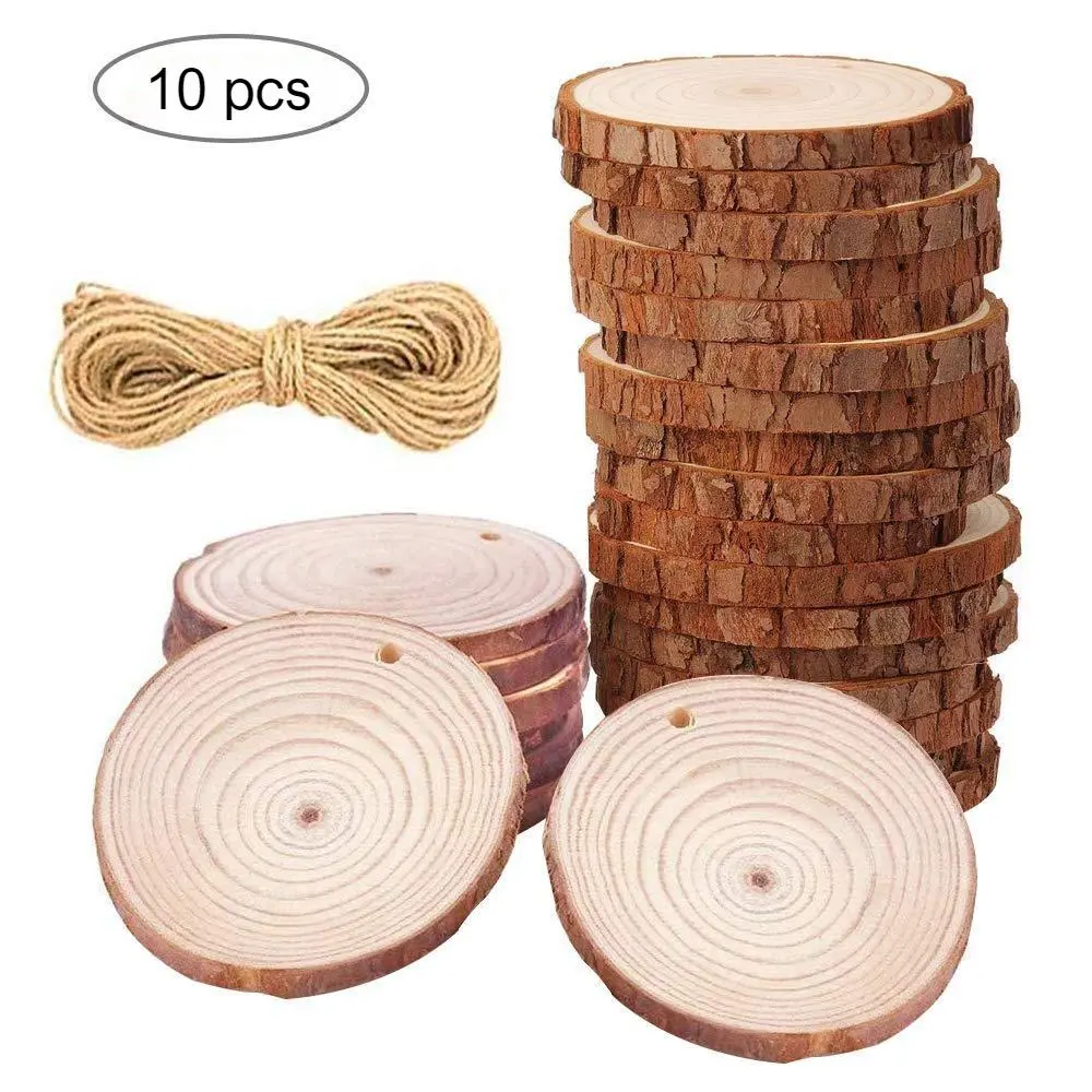 10 PCS Natural Wood Slices Craft Wood Centerpiece Unfinished Predrilled Wooden Circles Great for Arts and Crafts Christmas Ornaments DIY Crafts with Hole Includes Natural Twine