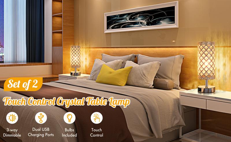 Touch Control Crystal Table Lamp Set of 2 Bedside Nightstand Lamps with 2 USB Charging Ports, 3-Way Dimmable, K9 Crystal Decorative Desk Lamp for Bedroom, Girls Guest Room, Living Room, Bulbs Included