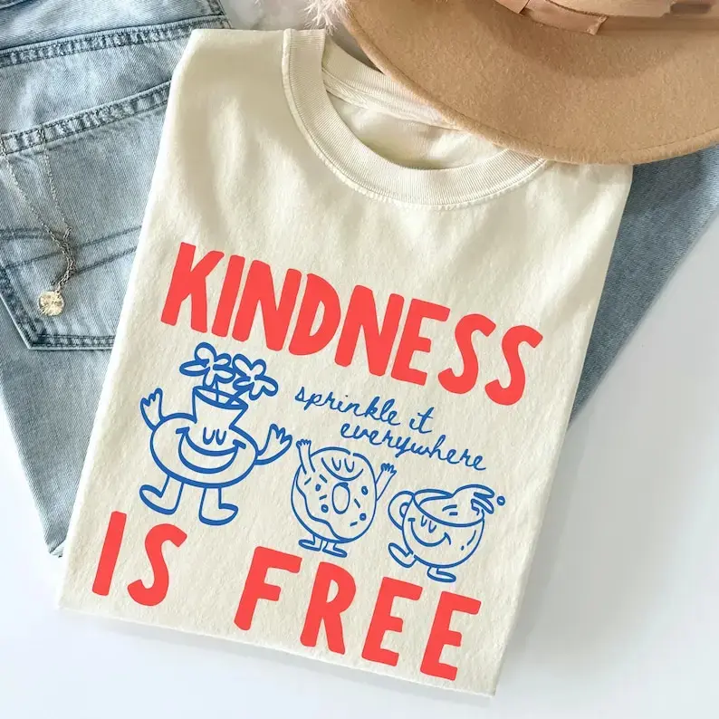 [Sale Up To 50%] Women's Fitted Short-Sleeve Round Neck Casual Kindness Is Free Shirt, Funny Sprinkled Doughnut Empathy Casual Clothes Tee, Shortsleeve, Lace