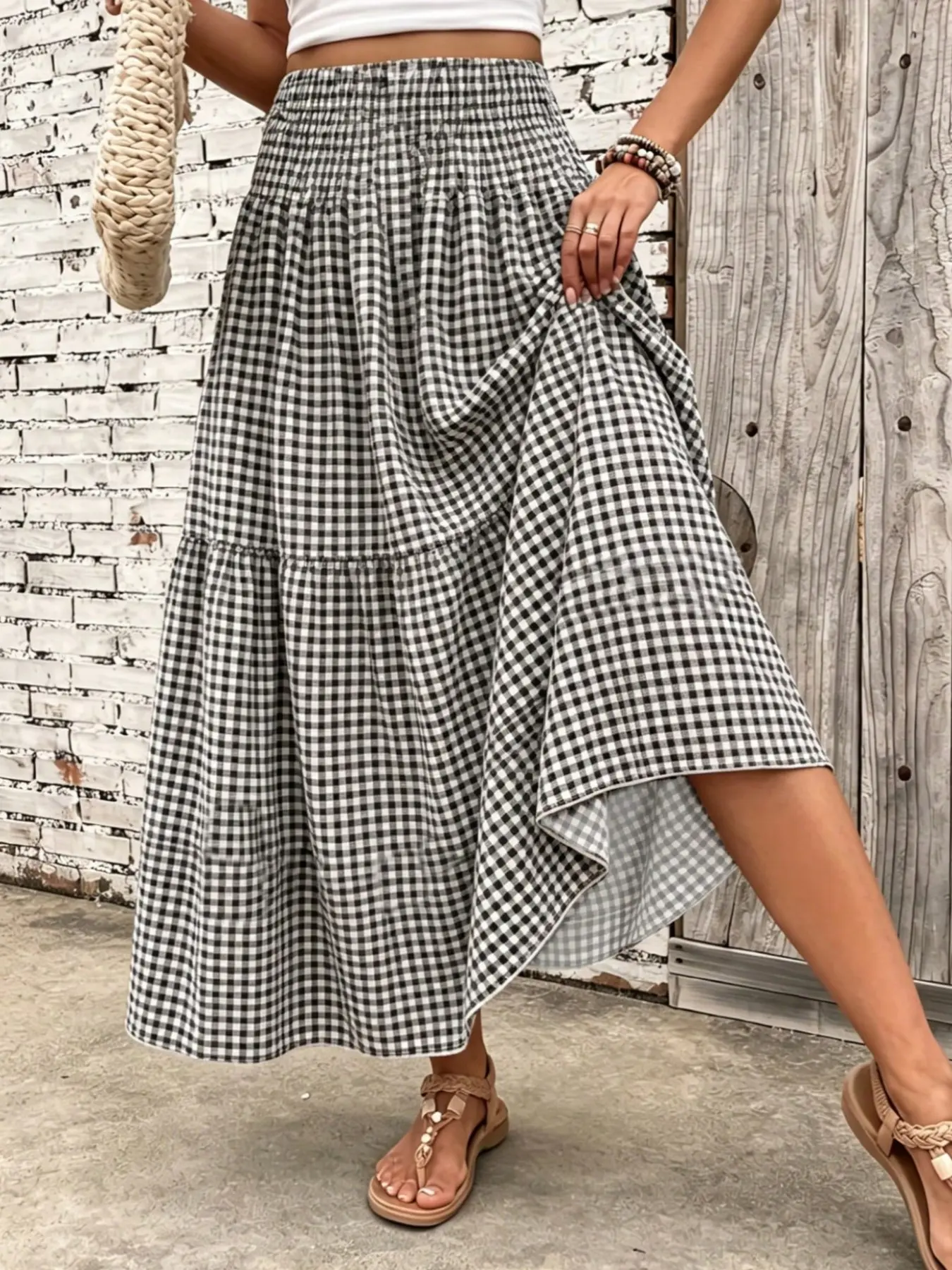 Elegant Classic Fashion Plaid Print Ruffle Skirt, Chic Casual Bohemian Style Beach Vacation Dress, Women's Daily Commute, Party, Holiday, Outdoor Activities, Oversized