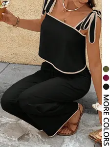 Women's Camisole Top And Pocket Pants Casual 2 Pieces Set Black Summer Casual Black Womenswear