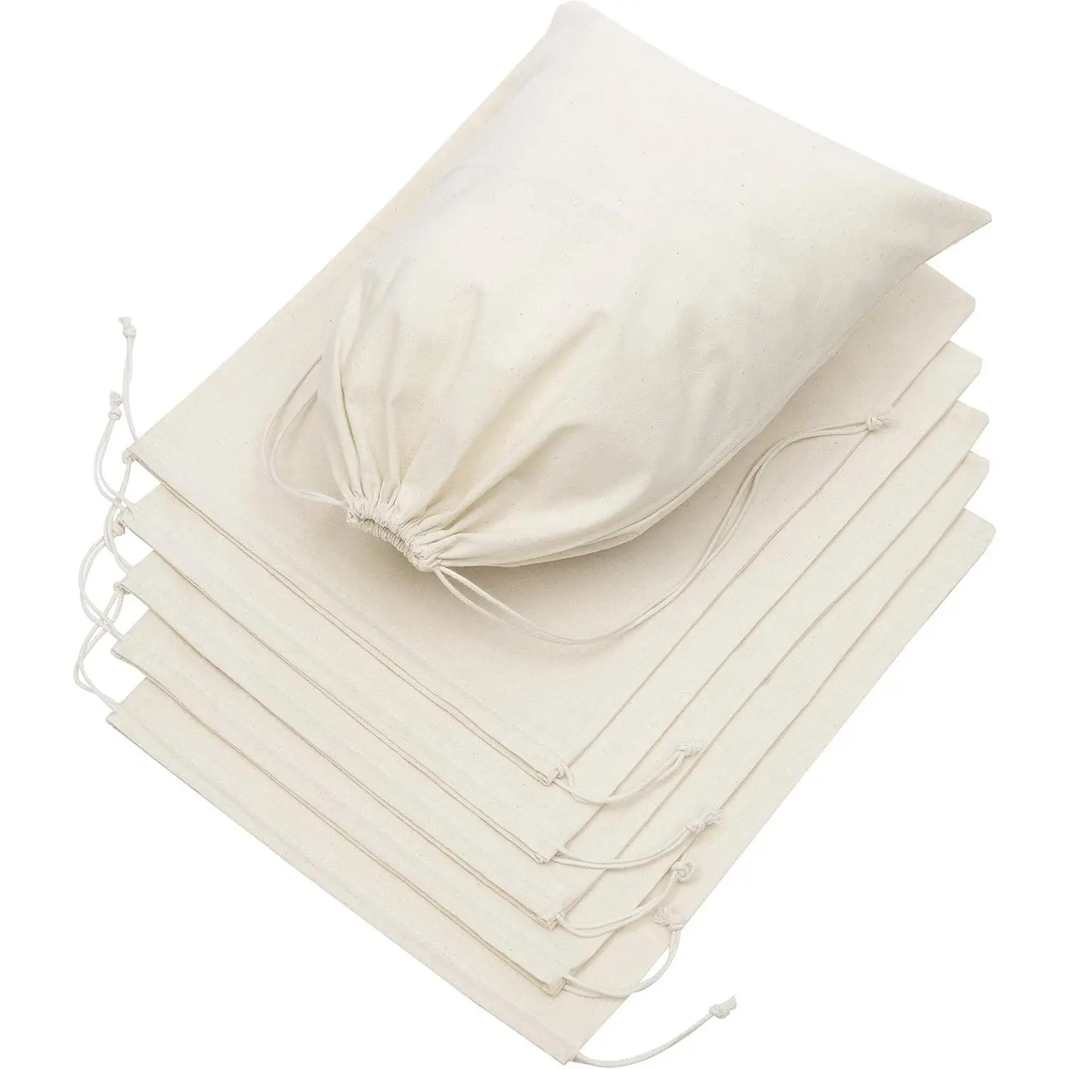 100% Cotton Muslin Drawstring Organiser Bags (12x16 in - 6-Pack) Large Beige Nature-Infused Household Pouches, Plastic-Free Disposable-Alternative for Shoe Storage & Pantry Use, Hand