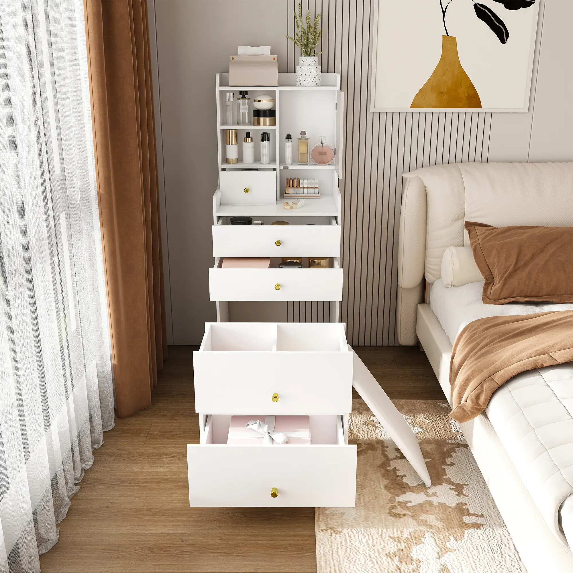 ARCH 3-in-1 Dressing Table with LED Mirror & Storage Stool, Compact Makeup Vanity with 4 Drawers, Cabinet & Open Bookshelf, White MDF Bedroom Organization Furniture, 15.75"W x 19.69"D x 50.39"H, White Color Options, MDF Material, Product Dimensions: