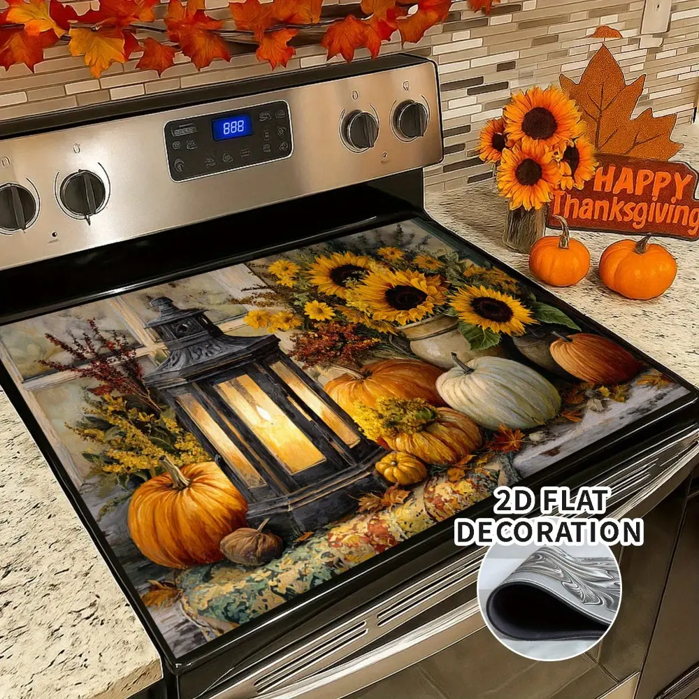 Lantern, pumpkin, and sunflower pattern design rubber stove protective cover - heat-resistant, non slip, absorbent, easy to clean, oven mat, refrigerator mat, kitchen stove cover, suitable for surface protection of ovens, washing machines, and appliances