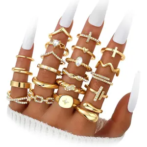 Gold Stackable Rings Set for Women, Gold Plated Chunky Crystal Finger Midi Stacking Rings, Dainty Statement Thumb Knuckle Rings Pack for Gift, Multiple Sizes Jewelry