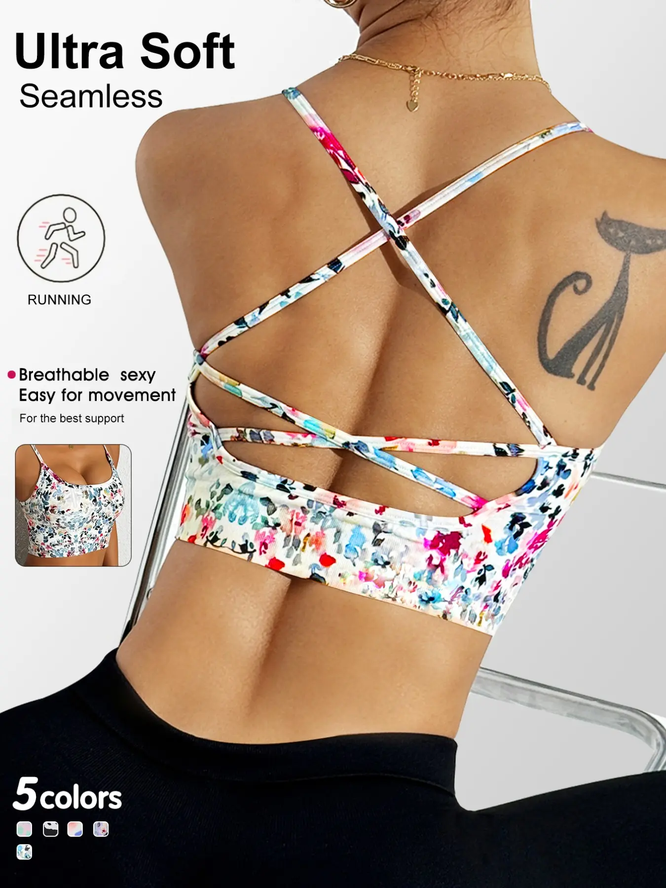 Women's Backless Floral Open Back Stretch Sports Bra, Breathable Quick-Dry Design, Ideal for Indoor and Outdoor, Casual Style
