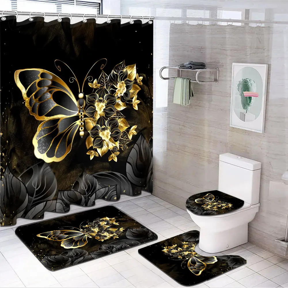 1/4Pcs Bathroom Curtains Shower Set, Marble Butterfly Pattern, Luxury Theme Decor, Bath Mat Rug, Includes 12 Hooks, Home Decoration Gift, Restroom Bathroom Accessories, Bathroom Accessory, Bathroom Decoration Accessories