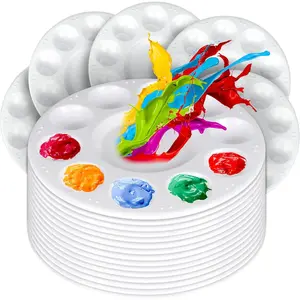 FANDAMEI 20 PCS Round Plastic Paint Tray Palettes, Paint Palette Tray, Painting Supplies for Kids & Adults, Paint Pallets, Painting Palette with 10 Wells, for Art Painting or DIY