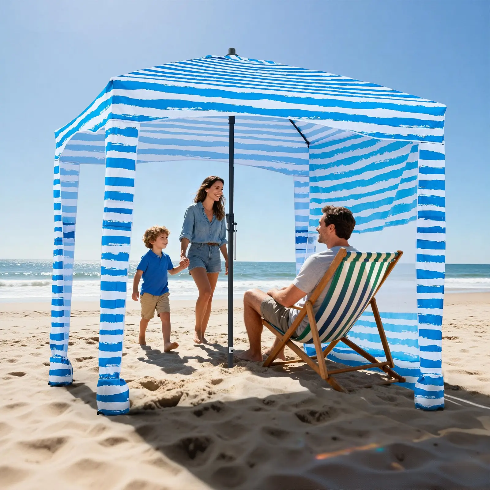 VEVOR 6x6 ft Beach Cabana Sun Shelter with Canopy, UPF 50+ Sun Protection, Lightweight Windproof Detachable Side Wall, Easy-Install Portable Design, Sand Pockets for Family Use, Blue Stripes