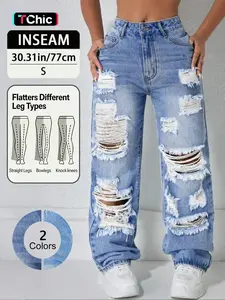 Elegant Fashion Street Style High Waist Ripped Denim Jeans, Spring Summer Fall Women's Loose Straight Leg Pants, Trendy Casual Wear, Streetwear, Womenswear, Pocket