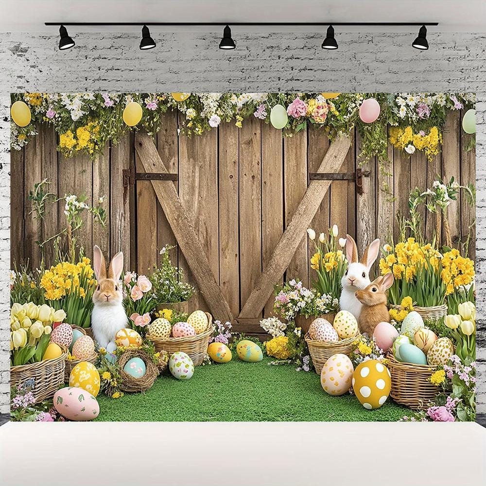 1pc Spring Easter Backdrop with Rabbit, Colorful Eggs, Fence Wall Decor for Photoshoot and Party Supplies, Cake Table Photo Booth Props, Banner Decor - Use Without Electricity, Polyester, General
