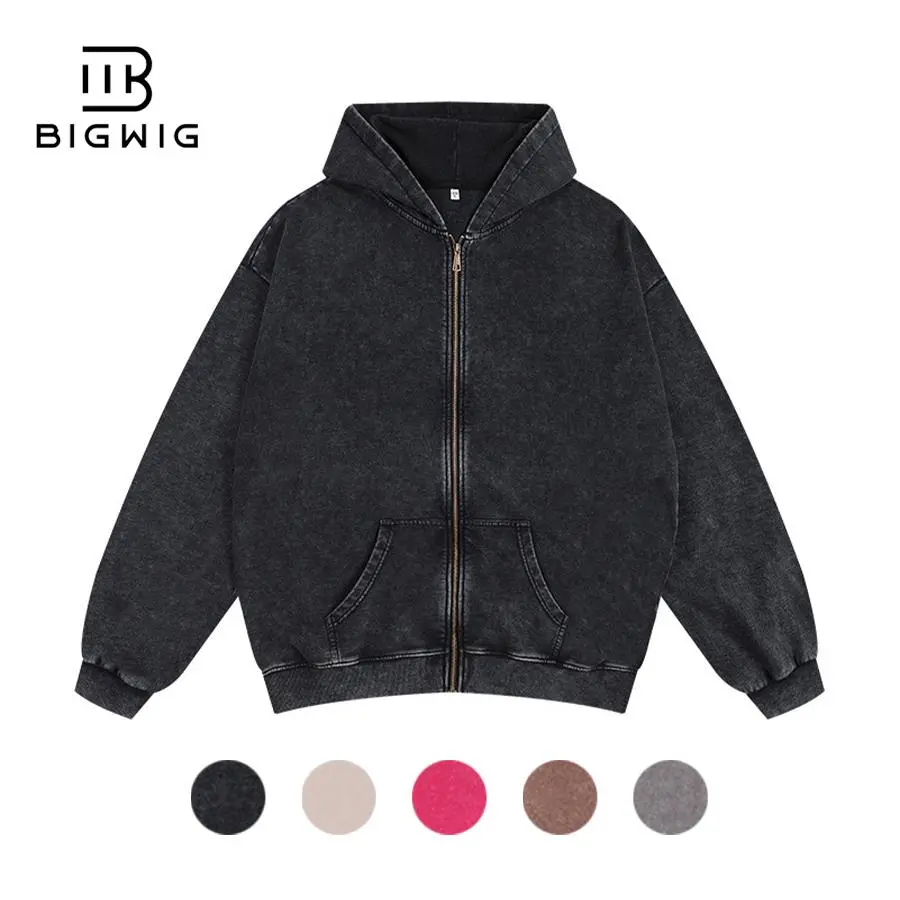 BIGWIG Unisex loose zip-up hoodie suitable for men and women, solid color zip-up sweatshirt acid wash long sleeve pullover, basic minimalist terry fabric cotton zip-up hoodie vintage