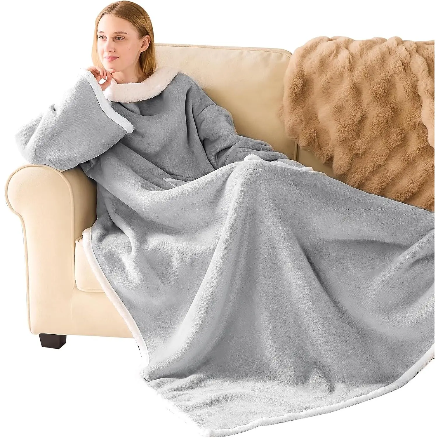 Sherpa Wearable Blanket with Sleeves for Women Men Adults, Christmas Birthday Gifts for Women Mom Wife, Cozy Wearable Blanket with Arm and Pocket, Warm Full  TV Wrap Throw Blanket, Grey